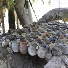 Earthenware pots arranged on a stove in Alburquerque, Bohol, Philippines. Photo: Andrea Yankowski