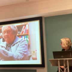 Brenda Miller (University of Wolverhampton) showing a short film as part of her presentation, "Making the Invisible Visible, a comparative study of meaning: the invisibility of commercial mending and the visibility of social mending" (Photo: Orly Orbach)