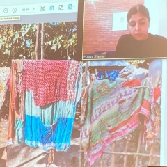 Pragya Sharma delivering her presentation, "Patched stories on Indian Textiles", via Zoom (Photo: Li-Xuan Teo)