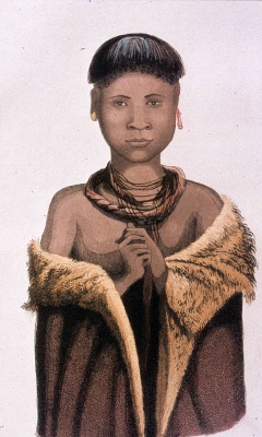 William Burchell’s portrait of Massisan (a young Tswana woman), wearing a fur cloak (kobo). From a sketch made at Dithakong c. 1814 (Image from Burchell, W.J. 1824. Travels in the interior of southern Africa. Volume 2. Page 484. London)