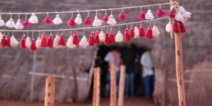 Traditional cotton flowers (poty) decorate the entrance to the Oga Pysy during the Jerosy Puku ritual (Photo: Credit Jaqueline Gonçalvez Porto)