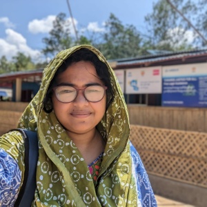 Principal Investigator Tahura Enam Navile in the camp, Ukhiya, Kutupalong, Cox’s Bazar, 2023 (Photo: Tahura Enam Navile)