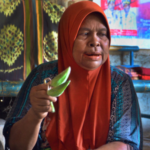 Mama Sahari, head of one of the weaving cooperatives, describes how milkweed pod fibres are spun into thread. Ternate Island, Alor Regency, Indonesia. (Photo: L. S McIntosh)