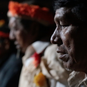 Guarani and Kaiowá shaman Seu Valdemiro chants during Jerosy Puku ritual inside the Oga Pysy (Photo: Jaqueline Gonçalvez Porto)
