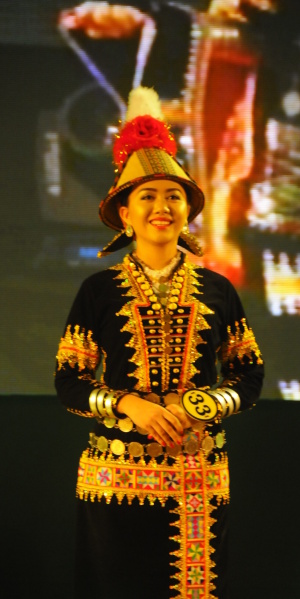 A Kadazan participant from Papar in a contemporary beauty pageant, Unduk Ngadau, of the state-level Harvest Festival wearing her costume with langkit (linangkit) seams on her gonob (skirt).  (Photo: Judeth John Baptist)