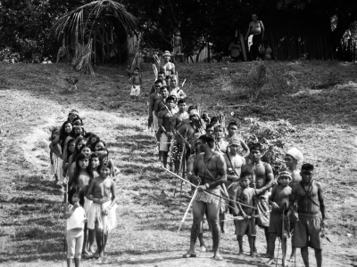 Munduruku warriors, women and children greet visitors at the Cururu village, Munduruku Indigenous Land. Photo: Maurício Torres