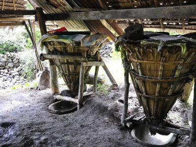 Funnels used to prepare brine inside a salt workshop (Alburquerque, Bohol, Philippines). Credit: Andrea Yankowski.
