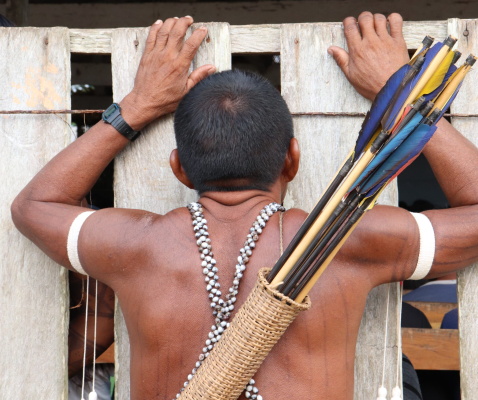 Munduruku warrior at 4th Pusuruduk meeting, Waro Apompu village, Munduruku Indigenous Land, November 2019. Photo: Rosamaria Loures