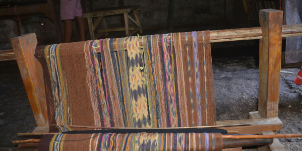 Setting up a warp that includes warp ikat-dyed threads on a backstrap loom. Ternate Island, Alor Regency, Indonesia (Photo: LS McIntosh)