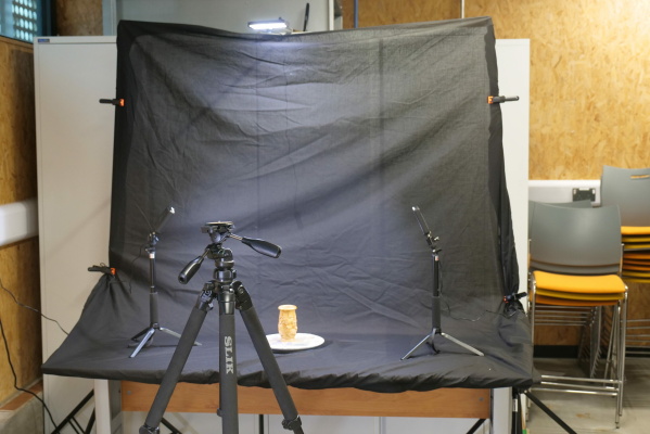 3D digitisation space with a digital camera, lighting, and a black backdrop.