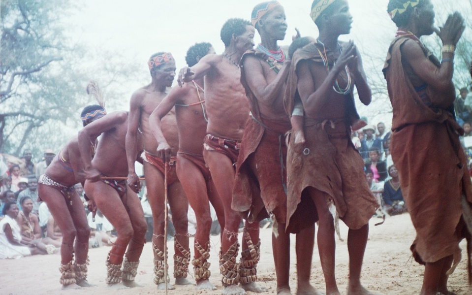 People wearing leather costumes for the Kuru Dance Festival 2001, D’Kar, Botswana (Photo: Chris Wingfield)